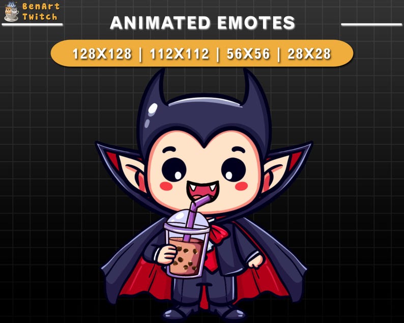 May include: Animated emote of a cartoon vampire with a red cape drinking a bubble tea with a straw. The emote is available in four sizes: 128x128, 112x112, 56x56, and 28x28.