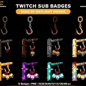 May include: A collection of Twitch sub badges featuring hooks and skulls, inspired by the game Dead by Daylight. The badges include various designs of hooks with blood and skulls, in different colors and styles. Text on the image reads "TWITCH SUB BADGES" and "DEAD BY DAYLIGHT HOOKS".