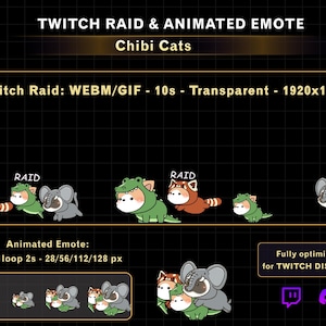 Alerta de incursión de Twitch con un gato animado, emoticonos de Twitch de gato chibi para streamers, nuevo GIF de incursión para Twitch Discord