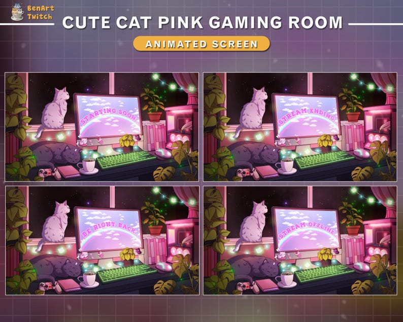 May include: Animated Twitch stream overlay featuring a pink gaming room with a white cat, a computer monitor with different text on the screen, and a keyboard. The text on the monitor changes between "Starting Soon", "Stream Ending", "Be Right Back", and "Stream Offline".