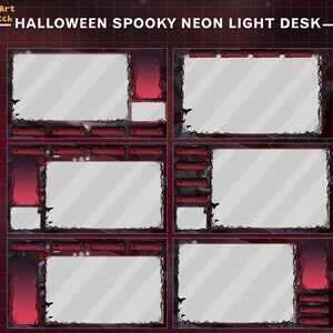 May include: Halloween themed Twitch stream overlay with a spooky neon light design. The overlay has multiple sections for different content, including a large main section, a smaller section for a webcam, and several smaller sections for chat, alerts, and other information.