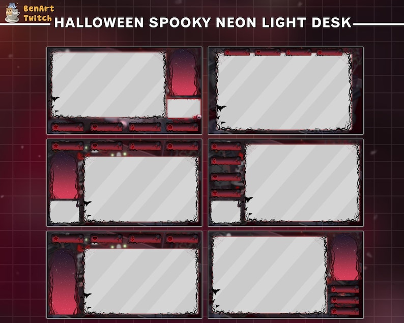 May include: Halloween themed Twitch stream overlay with a spooky neon light design. The overlay has multiple sections for different content, including a large main section, a smaller section for a webcam, and several smaller sections for chat, alerts, and other information.