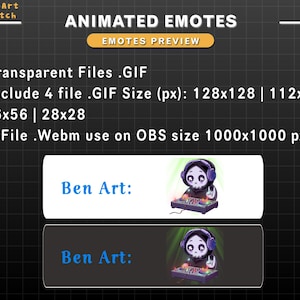 Puede incluir: Emotes animados para Twitch con un personaje de dibujos animados con una cabeza de calavera que lleva auriculares y toca una mesa de mezclas de DJ. El texto "Ben Art" se muestra dos veces. El texto "Emotes animados" y "Vista previa de emotes" tambi&eacute;n se muestra. El texto "Archivos transparentes .GIF" y "Incluir 4 archivos .GIF Tama&ntilde;o (px): 128x128 | 112x112 56x56 | 28x28" se muestra. El texto "1 Archivo .Webm para usar en OBS tama&ntilde;o 1000x1000 px" se muestra.