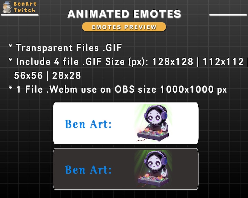 Puede incluir: Emotes animados para Twitch con un personaje de dibujos animados con una cabeza de calavera que lleva auriculares y toca una mesa de mezclas de DJ. El texto "Ben Art" se muestra dos veces. El texto "Emotes animados" y "Vista previa de emotes" tambi&eacute;n se muestra. El texto "Archivos transparentes .GIF" y "Incluir 4 archivos .GIF Tama&ntilde;o (px): 128x128 | 112x112 56x56 | 28x28" se muestra. El texto "1 Archivo .Webm para usar en OBS tama&ntilde;o 1000x1000 px" se muestra.