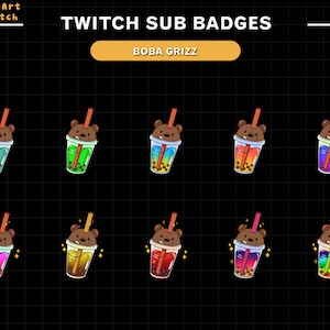 Boba Bear Twitch Sub Badges, Bear Sub Badges Ready To Use for Twitch, chat emotes, discord