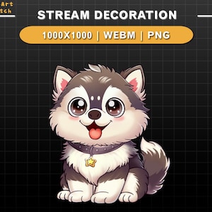 Animated Stream Decoration Husky Dog, Cute Fluffy Puppy, Kawaii Chibi Pet Overlay Asset for Twitch & Streamers