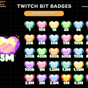 30x Crystal Heart Twitch Bit Badges, Diamond Heart Sub Badges, Complete Twitch Bit Badges Set for Streamer, Discord