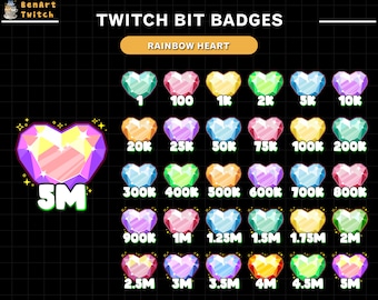30x Crystal Heart Twitch Bit Badges, Diamond Heart Sub Badges, Complete Twitch Bit Badges Set for Streamer, Discord