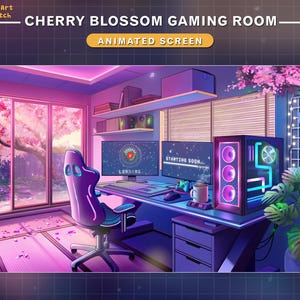 Animated Twitch Screen Cherry Blossom PC Room Setup,  Aesthetic Sakura Game Room Stream Overlay