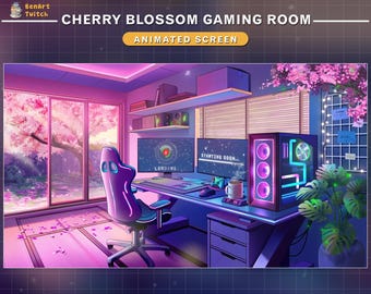 Animated Twitch Screen Cherry Blossom PC Room Setup,  Aesthetic Sakura Game Room Stream Overlay