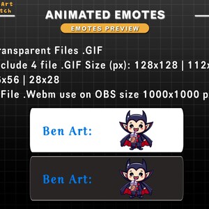 May include: Animated emotes featuring a cartoon vampire character drinking a beverage. The emotes are available in four different sizes: 128x128, 112x112, 56x56, and 28x28 pixels. The emotes are also available in a larger 1000x1000 pixel webm format for use on OBS.