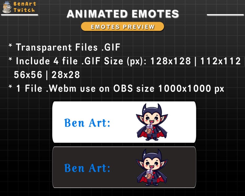 May include: Animated emotes featuring a cartoon vampire character drinking a beverage. The emotes are available in four different sizes: 128x128, 112x112, 56x56, and 28x28 pixels. The emotes are also available in a larger 1000x1000 pixel webm format for use on OBS.