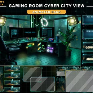 May include: Digital illustration of a gaming room with a cyber city view. The scene features a desk with multiple monitors, neon lighting, and animated overlays for streaming. Text on the screen reads "STARTING SOON".