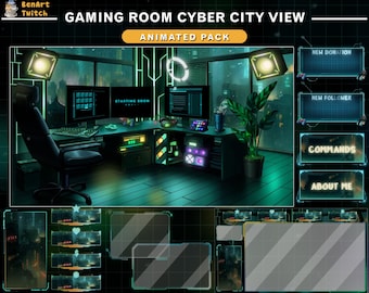 Animerat streampaket Cyberpunk-spelrum, mysigt streamingrum Twitch-överlägg med City Rainy View för VTuber, streamers, YouTube, Kick