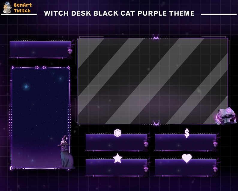May include: Purple and black Twitch stream overlay with a black cat wearing a witch hat, a starry night sky, and a title that reads "Witch Desk Black Cat Purple Theme".