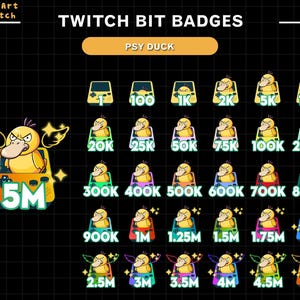 May include: A set of 18 Twitch bit badges featuring a yellow duck character in various poses. The badges show the number of bits required to unlock each level, starting with 1 bit and going up to 5 million bits.