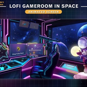 Animated Stream Screens Cyberpunk Room, Animated Twitch Overlay Spaceship Room, Galaxy, Planet, Vtuber Background