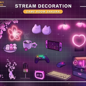 18x Animated Stream Decorations Cherry Blossom PC Room Collections,  Aesthetic Lo-fi Pink Sakura Game Room Twitch Overlay
