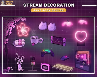 18x Animated Stream Decorations Cherry Blossom PC Room Collections,  Aesthetic Lo-fi Pink Sakura Game Room Twitch Overlay