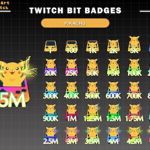 May include: A set of 25 Twitch Bit badges featuring Pikachu in a Game Boy-style frame. The badges range from 1 to 5 million bits and are displayed on a black and gray grid background. The text "TWITCH BIT BADGES" and "PIKACHU" are displayed at the top of the image.