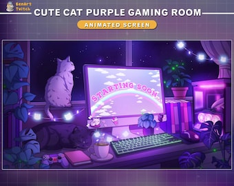 Animated Stream Screen Purple Lofi Desk Cute Cat, Cat Twitch Overlay, Aesthetic Twitch Overlay, Cozy Room Screens...