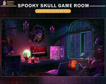 Animated Twitch Screens Hallowween Game Room, Animated Spooky PC Room Twitch Overlay, Horror Stream Overlay