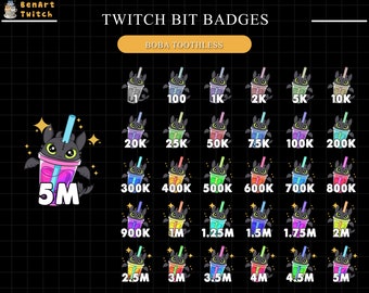 30x Boba Toothless Twitch Sub Bit Badges, Toothless Twitch Sub Badges, Complete Twitch Bit Badges Set, Number Bit Badges