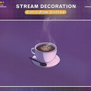 May include: A white coffee mug with brown coffee inside. The coffee has a brown cat paw print design on top. The mug is on a white saucer with a brown spoon next to it. The background is a purple gradient with white stars.