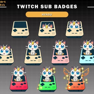 May include: A set of 10 Twitch sub badges featuring a cartoon cat character in different colored game consoles. The text "TWITCH SUB BADGES" and "NYASU" are at the top of the image.