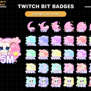 Pink Cat Moon Twitch Bit-badges, Cute Cat Twitch-subbadges voor streamers, YouTubers en Discord