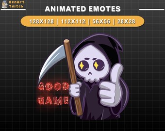 Geanimeerde Twitch-emote Cute Grim Reaper GG, Halloween Twitch-emotes, leuke emotes voor YouTube, Discord