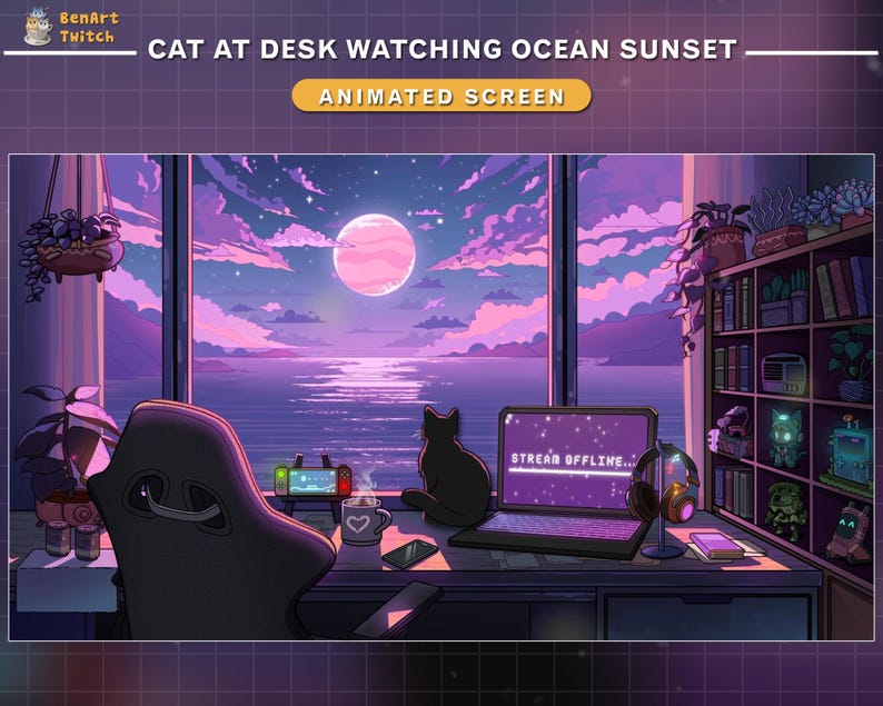 May include: An animated screen featuring a cat at a desk watching an ocean sunset. The scene is filled with purple and pink hues, with a large moon in the sky. A laptop displays "STREAM OFFLINE..." and a black cat sits on the desk.