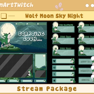 Animated Wolf Moon Stream Package, Moon Sky Night Twitch Overlay, Green Theme Overlay For Streamer, Vtuber