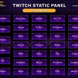 May include: A purple and white grid with 35 purple buttons, each with a different text label. The text labels include "Youtube", "Subscriber", "Reddit", "Ko-Fi", "Emotes", "Wishlist", "Steam", "Po Box", "Instagram", "Donate", "Website", "Specs", "Playlist", "Goals", "Discord", "Twitter", "Socials", "Patreon", "Games", "Credits", "Tip", "Schedule", "Merch", "Facebook", "Commands", "Tiktok", "Rules", "Links", "Etsy", and "About Me".