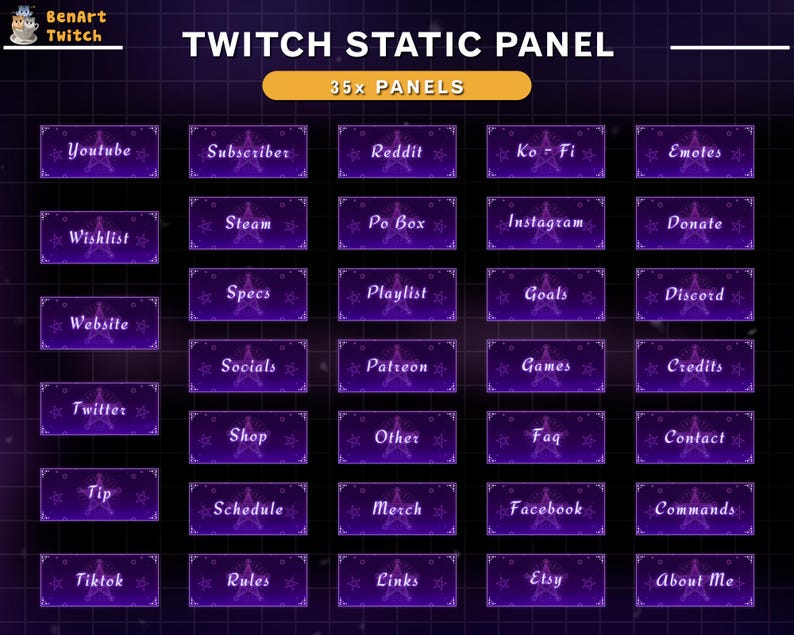 May include: A purple and white grid with 35 purple buttons, each with a different text label. The text labels include "Youtube", "Subscriber", "Reddit", "Ko-Fi", "Emotes", "Wishlist", "Steam", "Po Box", "Instagram", "Donate", "Website", "Specs", "Playlist", "Goals", "Discord", "Twitter", "Socials", "Patreon", "Games", "Credits", "Tip", "Schedule", "Merch", "Facebook", "Commands", "Tiktok", "Rules", "Links", "Etsy", and "About Me".