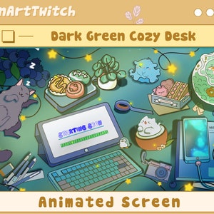 Animated Dark Green Cozy Desk Twitch Stream Screens, Black Cat Twitch,Blueberry, Retro Gamer, Setup Room Scene, Kawaii,Cozy Room