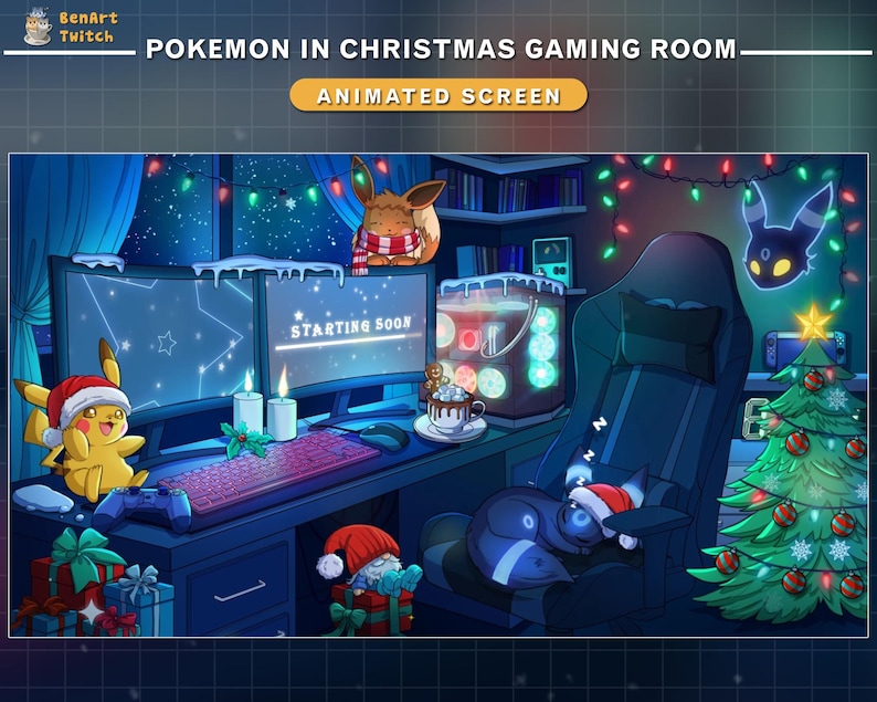 May include: An animated screen depicting a Christmas gaming room with Pokemon characters. The scene includes a gaming setup with dual monitors displaying "Starting Soon", a Christmas tree, and festive decorations. Pikachu and Eevee are also present.