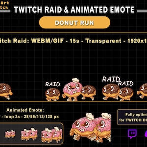 May include: Animated Twitch emote featuring a donut character with a chef's hat, running alongside chocolate donut characters. The text "DONUT RUN" is displayed, along with "RAID" and "AID". Optimized for Twitch and Discord.