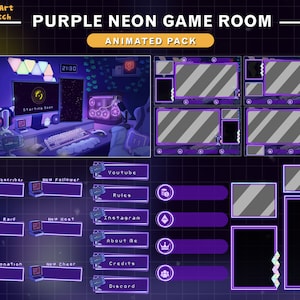 Animated Twitch Overlay Cozy PC Room Purple, Neon Game Room Stream Package, Retro Twitch Overlay, Stream Desk Twitch Overlay for Streamer