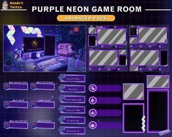 アニメーション Twitch オーバーレイ 居心地の良い PC ルーム パープル、ネオン ゲーム ルーム ストリーム パッケージ、レトロ Twitch オーバーレイ、ストリーマー向けストリーム デスク Twitch オーバーレイ