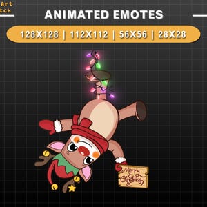 Emote natalizio animato Twitch con renna appesa, graziose emote natalizie Twitch con neve che cade per Youtube, Discord