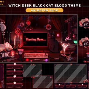 Animated Witch Desk Black Cat Stream Package Blood Theme, Mystic Twitch Overlay with Magic Books, Potion Cauldron, Moon Starry Night