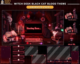 Animated Witch Desk Black Cat Stream Package Blood Theme, Mystic Twitch Overlay with Magic Books, Potion Cauldron, Moon Starry Night