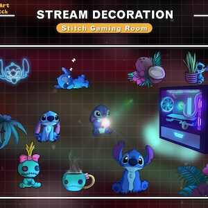 Animowane kolekcje gier Stitch, transmisja na Twitchu, dekoracja, procesor, Stitch Twitch, kawa, doniczka...