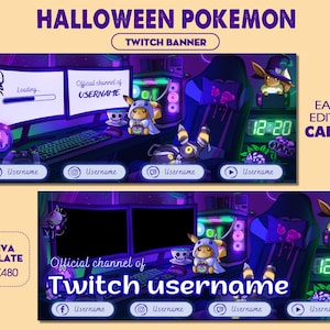 Puede incluir: Un diseño de banner de Twitch con temática de Halloween con personajes de Pokémon en una configuración de juego. El banner incluye el texto "Halloween Pokemon" y "Twitch Banner". El diseño es fácilmente editable en Canva.