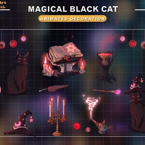 Animated Red Witch Desk Black Cat Stream Decoration, Mystic Twitch Overlay with Magic Books, Potion Cauldron, Fairy Lights Deco
