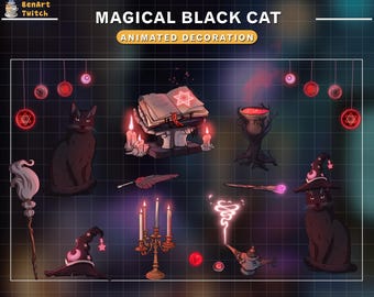 Décoration animée de ruisseau, chat noir de bureau sorcière rouge, superposition de mouvements mystiques avec livres de magie, chaudron de potion, guirlandes lumineuses déco