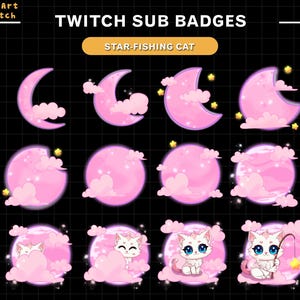 Insignias de suscripción de Twitch de Pink Cat Moon, insignias de bit de Twitch de gato adorable, listas para usar en Twitch y Discord