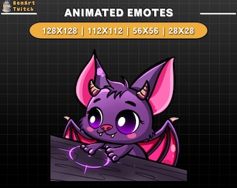 Puede incluir: Emoticono animado de un murciélago morado con orejas y alas rosas, mirando hacia la izquierda y tocando un círculo morado brillante sobre una superficie de madera oscura. El texto "ANIMATED EMOTES" está por encima del murciélago, y el texto "128X128 | 112X112 | 56X56 | 28X28" está debajo del murciélago.