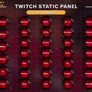 May include: A graphic design template for Twitch streamers featuring 35 customizable panels with a dark red background and black vines. The panels include options for YouTube, Subscriber, Reddit, Ko Fi, Emotes, Wishlist, Steam, Po Box, Instagram, Donate, Website, Socials, Patreon, Games, Credits, Twitter, Shop, Other, FAQ, Contact, Tip, Schedule, Merch, Facebook, Commands, TikTok, Rules, Links, Etsy, and About Me.